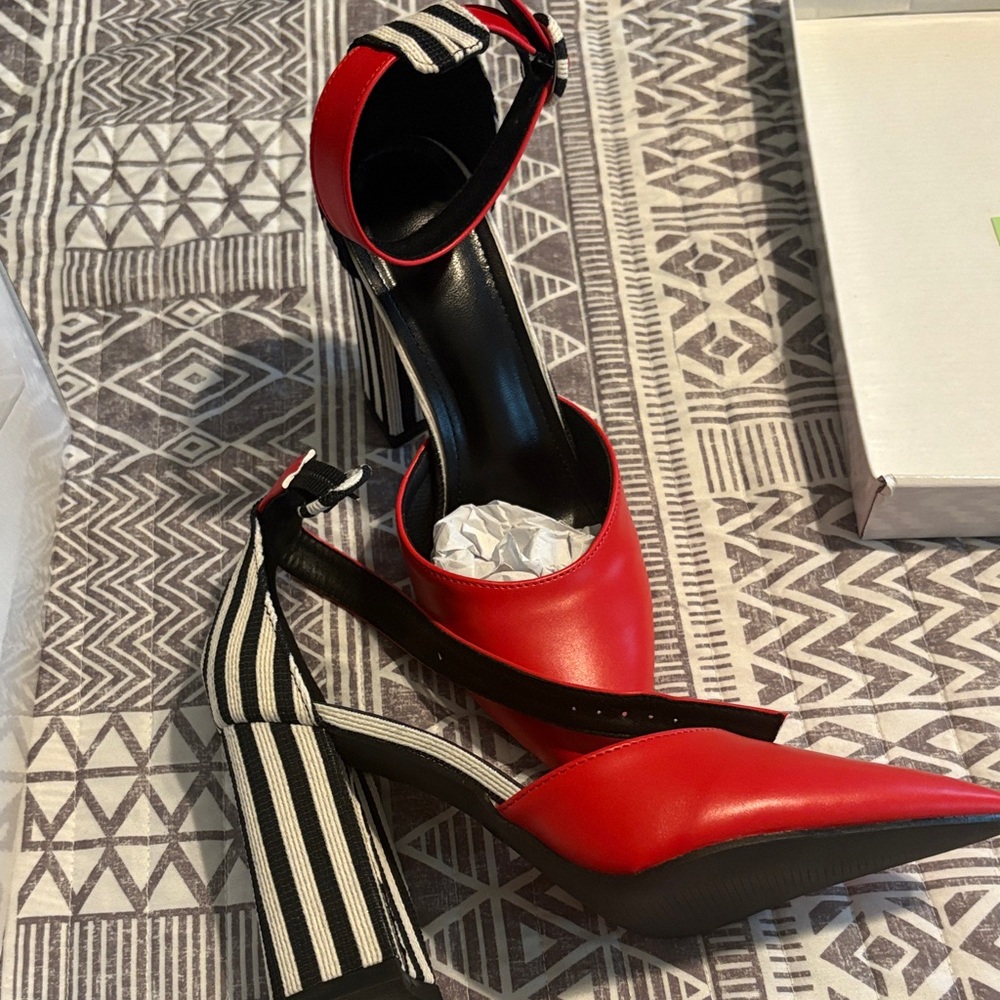 Red Strappy Heels with Black and White Accents